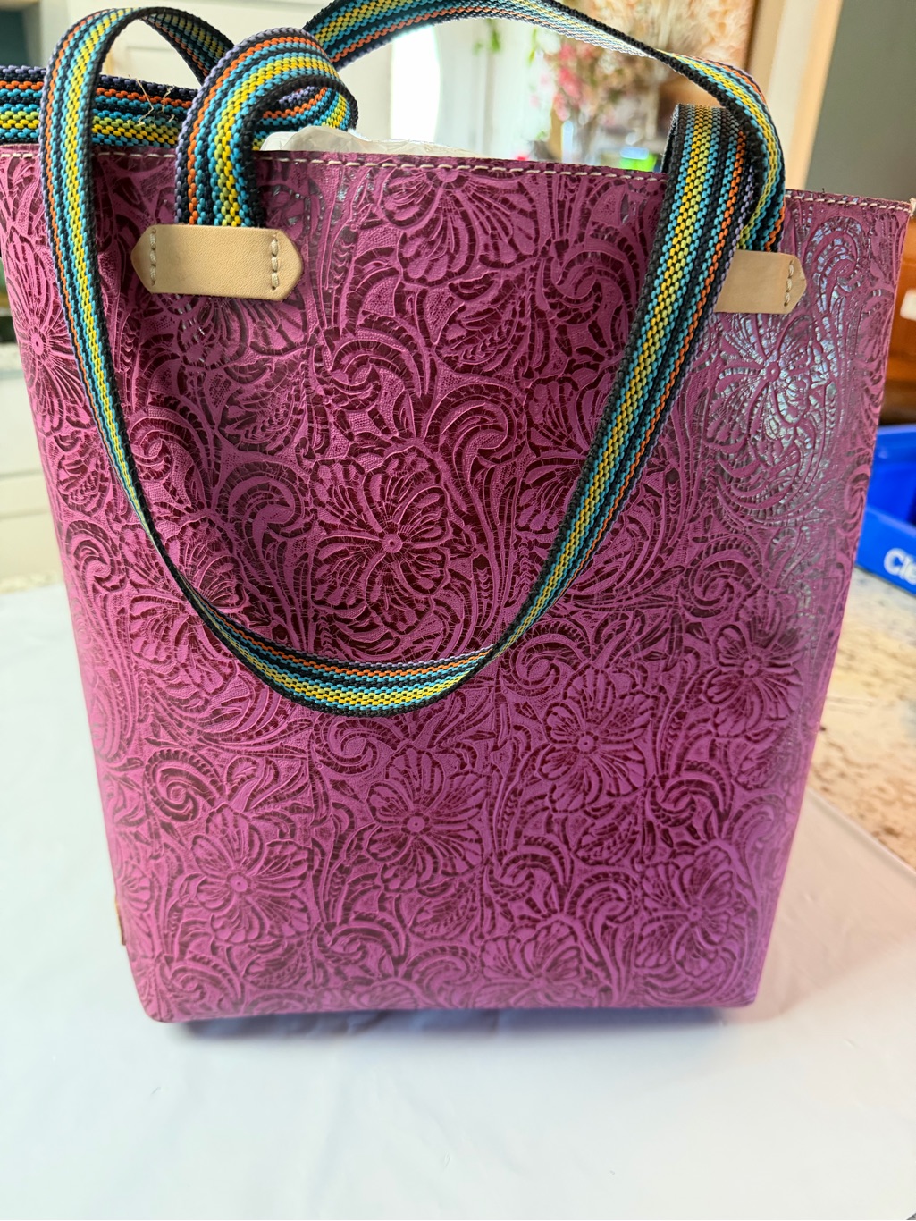 Consuela Fuchsia Floral Embossed Tote With Multicolor Striped Handles